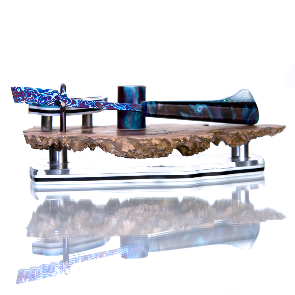 "Tactical Spatula" Timascus™️ Dab Tool w/ LED-lit Burl Display Stand - Graffiti Resin/Pearl Dichro