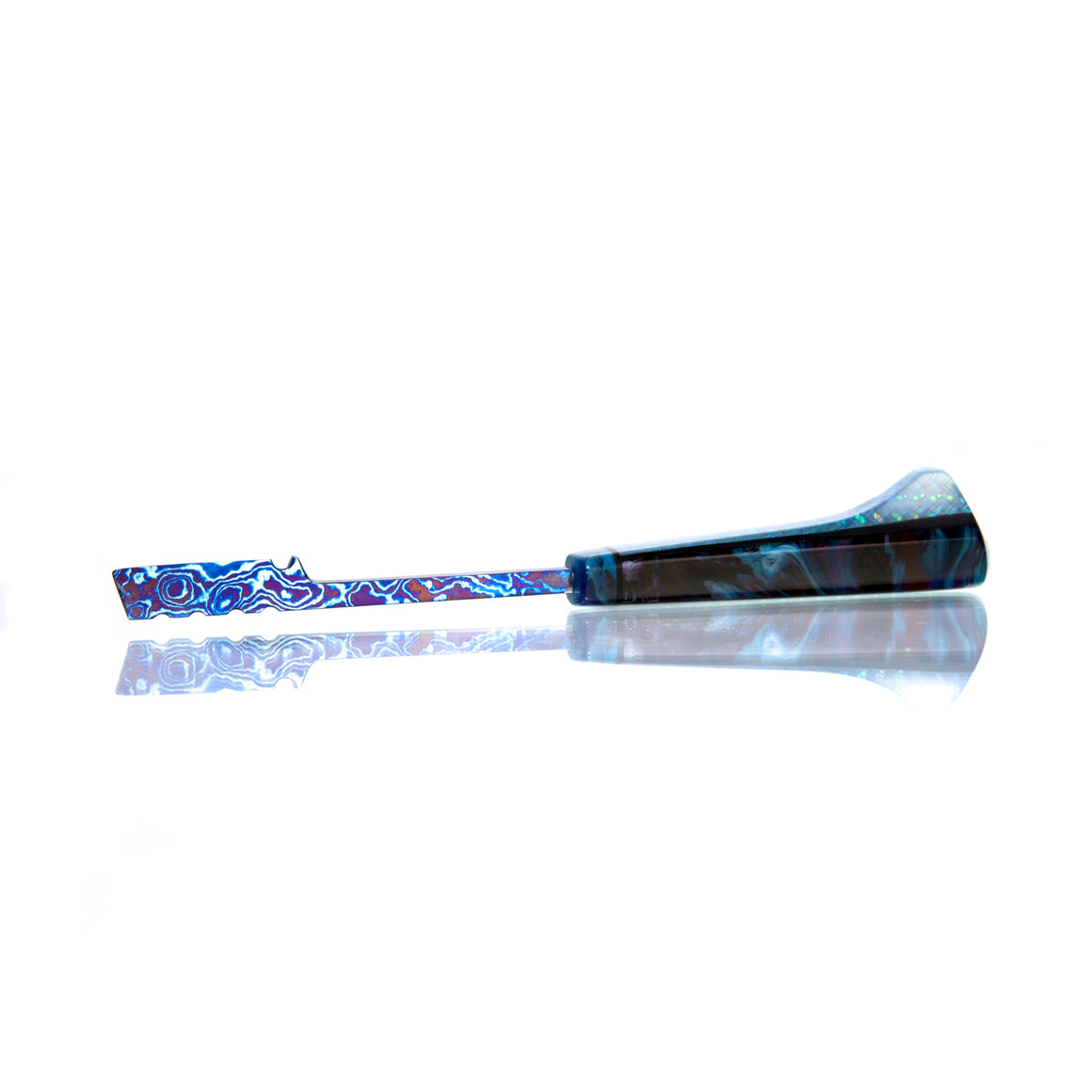 "Tactical Spatula" Timascus™️ Dab Tool w/ LED-lit Burl Display Stand - Graffiti Resin/Pearl Dichro