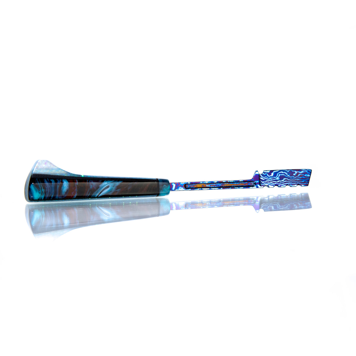 "Tactical Spatula" Timascus™️ Dab Tool w/ LED-lit Burl Display Stand - Graffiti Resin/Pearl Dichro
