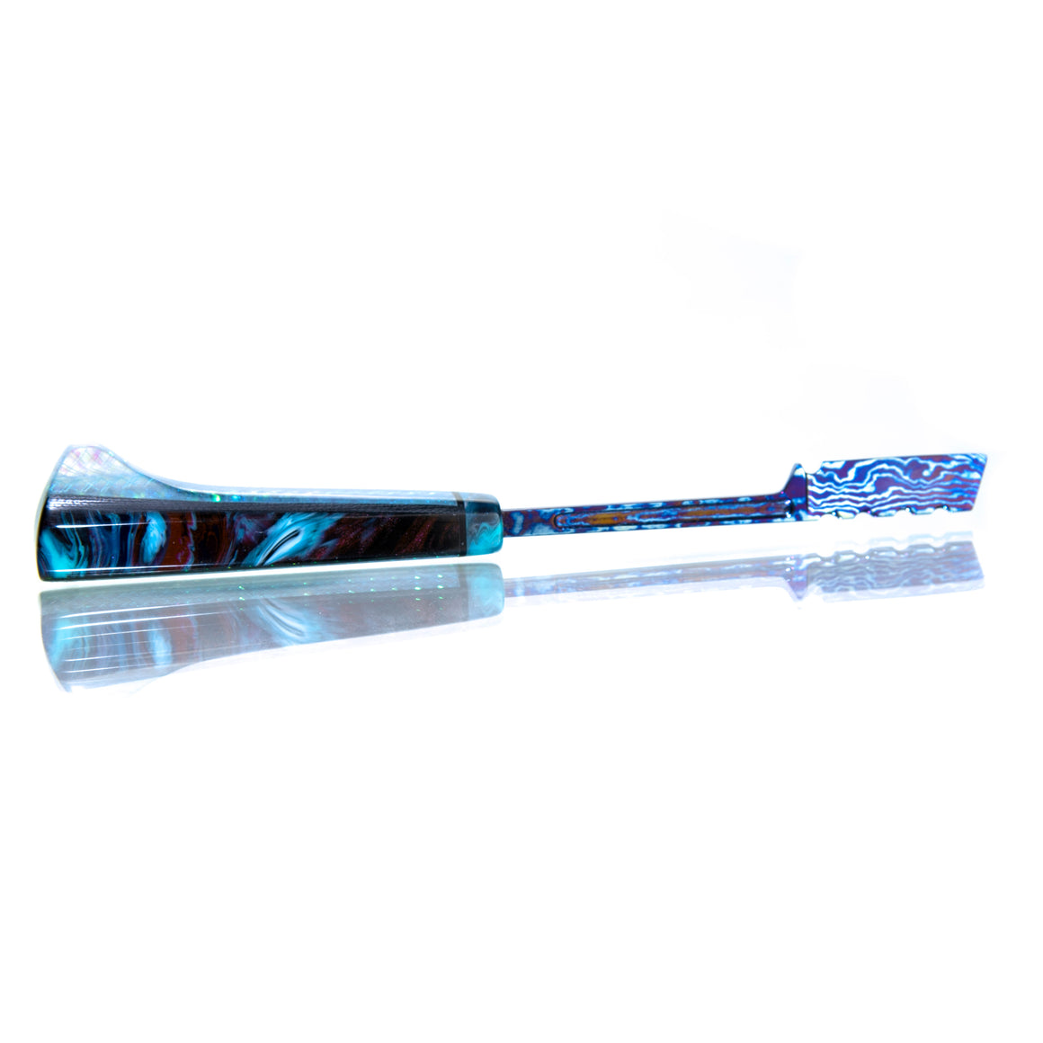 "Tactical Spatula" Timascus™️ Dab Tool w/ LED-lit Burl Display Stand - Graffiti Resin/Pearl Dichro