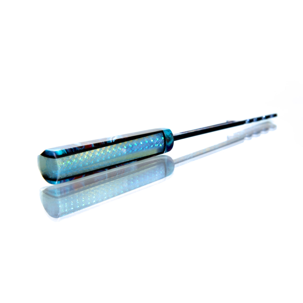 "Tactical Spatula" Timascus™️ Dab Tool w/ LED-lit Burl Display Stand - Graffiti Resin/Pearl Dichro