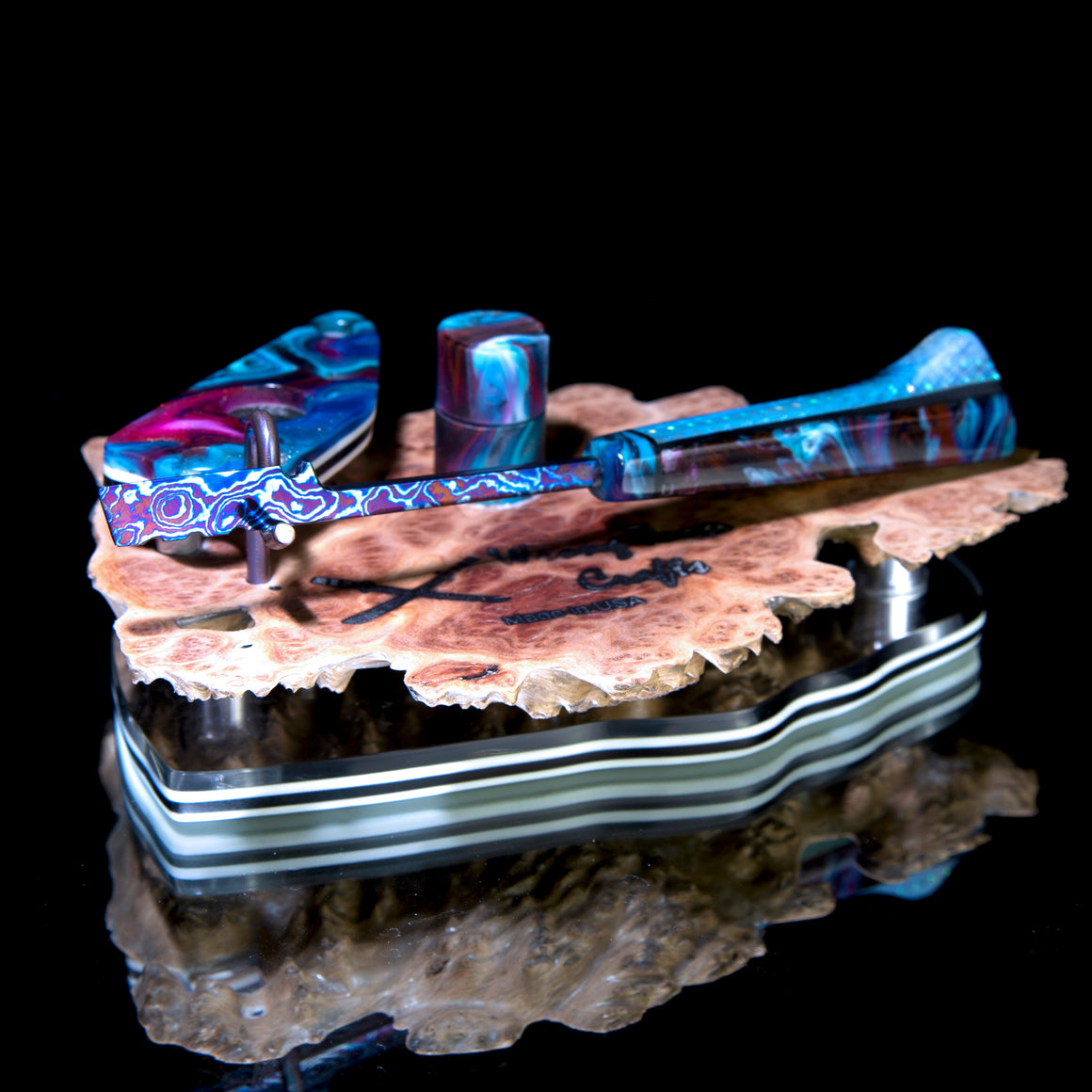 "Tactical Spatula" Timascus™️ Dab Tool w/ LED-lit Burl Display Stand - Graffiti Resin/Pearl Dichro