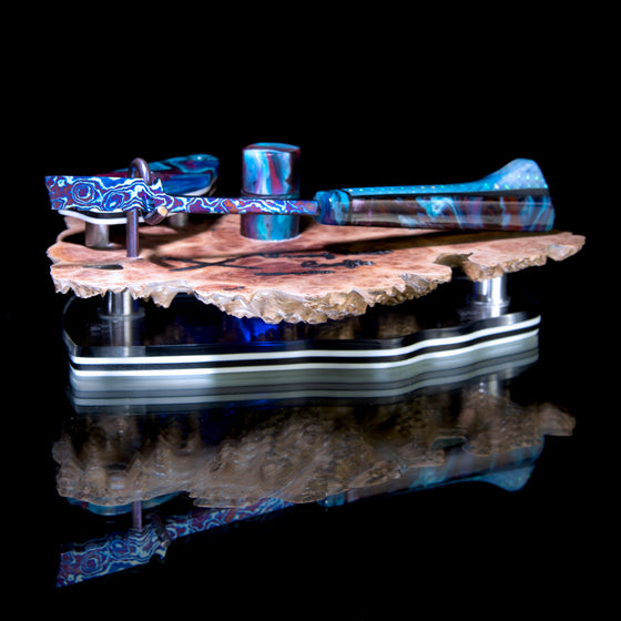"Tactical Spatula" Timascus™️ Dab Tool w/ LED-lit Burl Display Stand - Graffiti Resin/Pearl Dichro