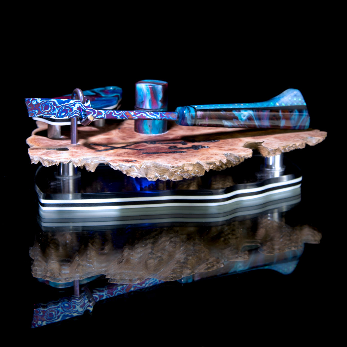 "Tactical Spatula" Timascus™️ Dab Tool w/ LED-lit Burl Display Stand - Graffiti Resin/Pearl Dichro