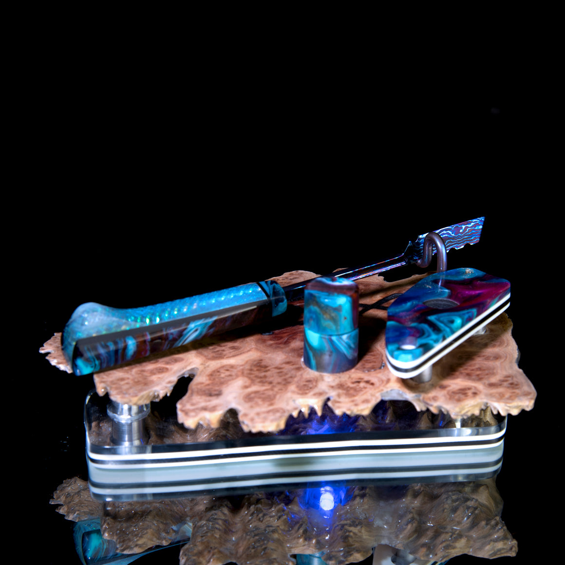 "Tactical Spatula" Timascus™️ Dab Tool w/ LED-lit Burl Display Stand - Graffiti Resin/Pearl Dichro