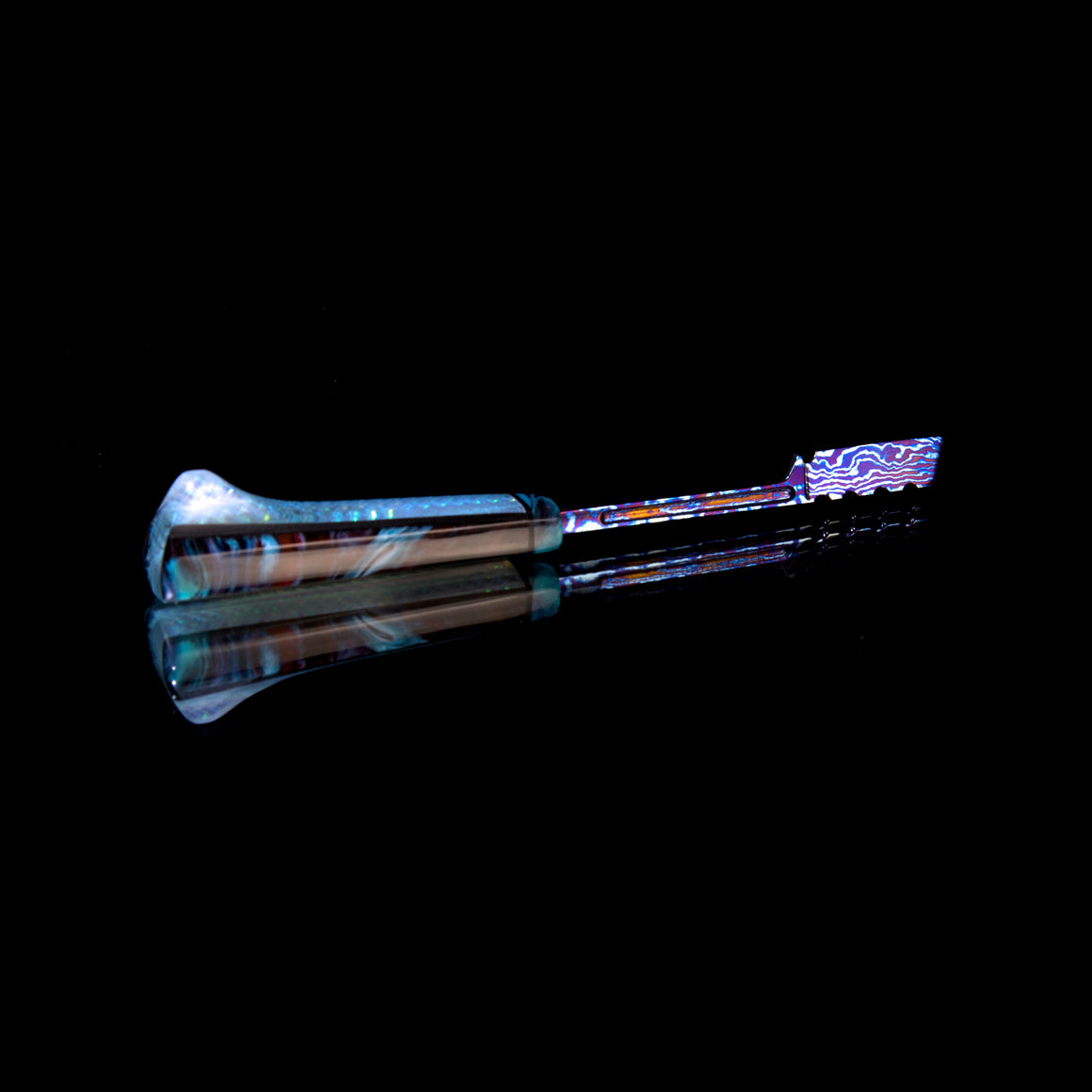 "Tactical Spatula" Timascus™️ Dab Tool w/ LED-lit Burl Display Stand - Graffiti Resin/Pearl Dichro