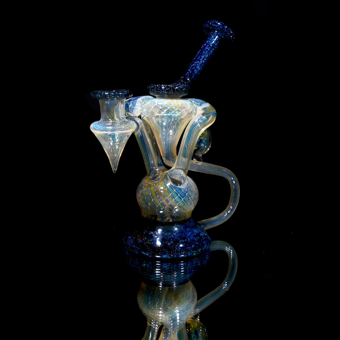 Fully-fumed 2-tone Double-uptake Floating Recycler - Crushed Opal w/ Ghost Opal Fumed Lotus - 14mm Female