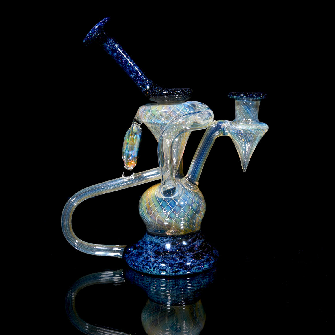 Fully-fumed 2-tone Double-uptake Floating Recycler - Crushed Opal w/ Ghost Opal Fumed Lotus - 14mm Female