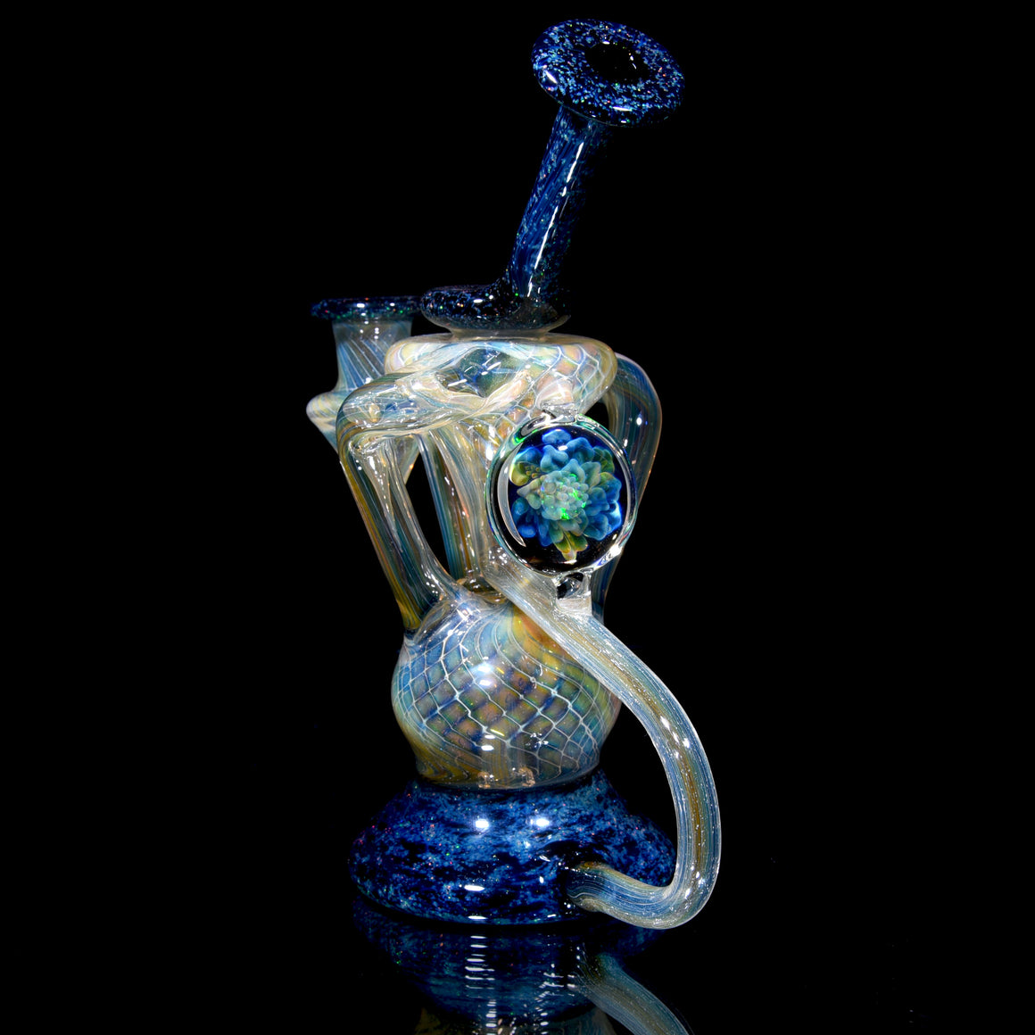 Fully-fumed 2-tone Double-uptake Floating Recycler - Crushed Opal w/ Ghost Opal Fumed Lotus - 14mm Female