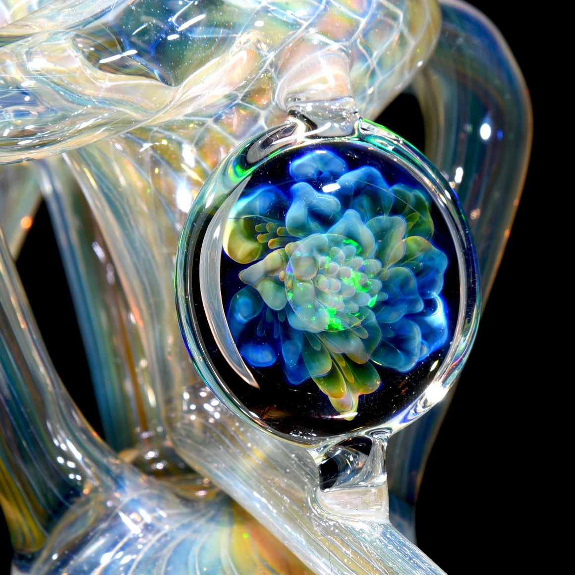 Fully-fumed 2-tone Double-uptake Floating Recycler - Crushed Opal w/ Ghost Opal Fumed Lotus - 14mm Female