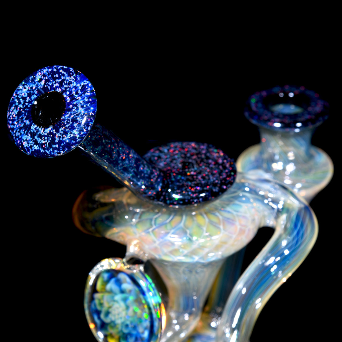 Fully-fumed 2-tone Double-uptake Floating Recycler - Crushed Opal w/ Ghost Opal Fumed Lotus - 14mm Female