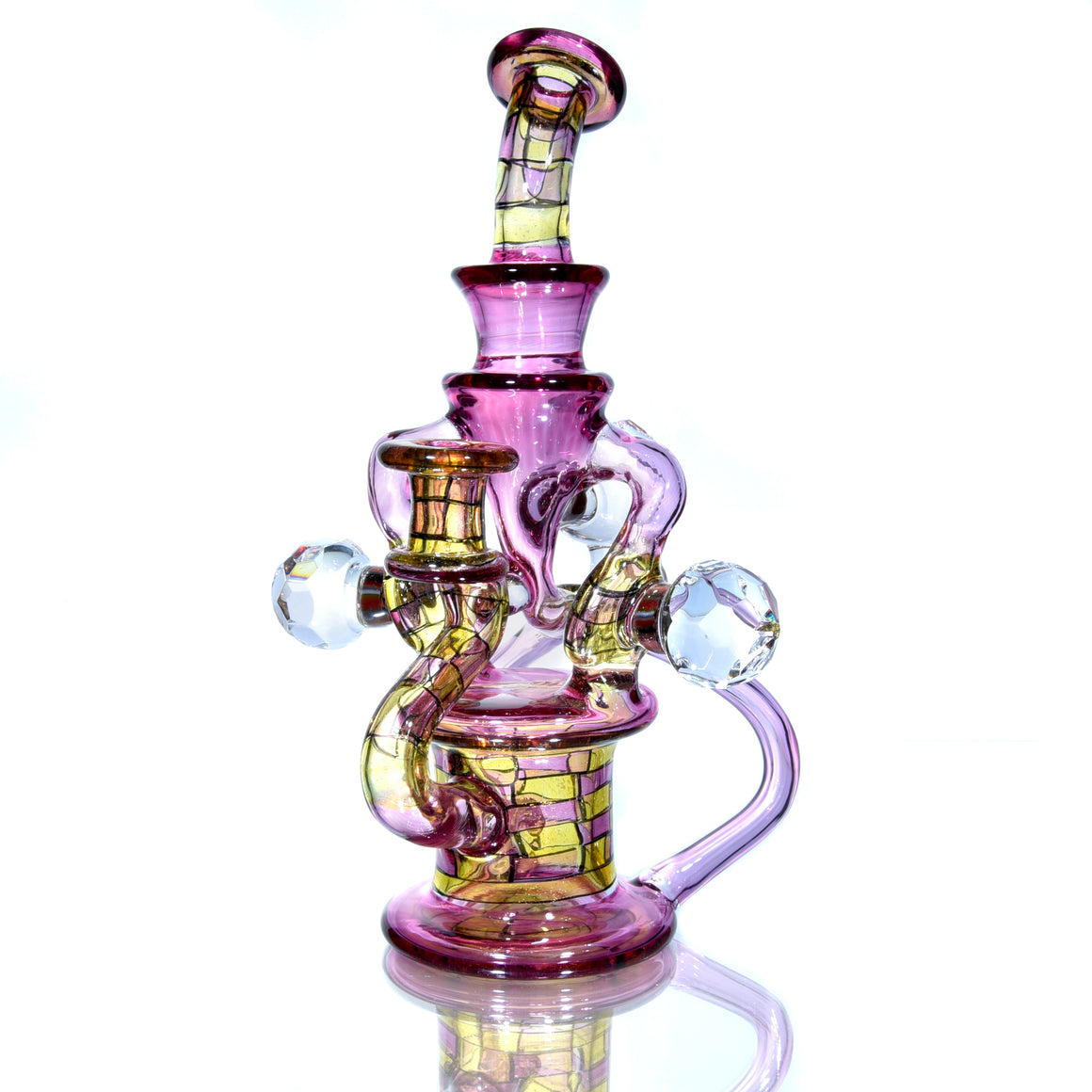 CFL Reactive Double Donut Uptake/Double Drain Recycler - Gold Ruby/Terps/Dichro Chipstack  - 10mm Female