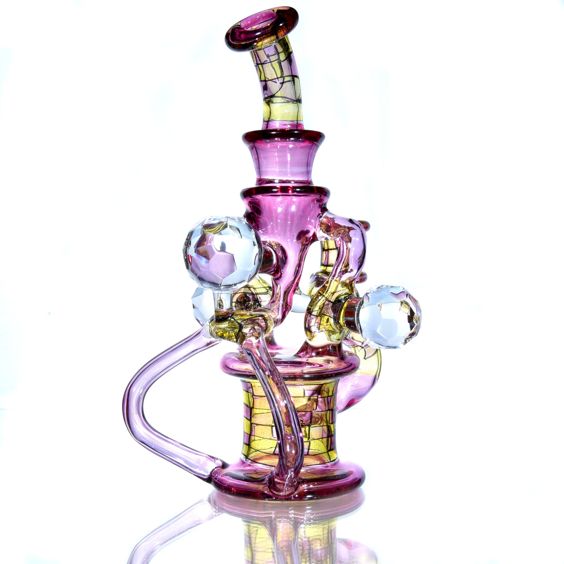 CFL Reactive Double Donut Uptake/Double Drain Recycler - Gold Ruby/Terps/Dichro Chipstack  - 10mm Female