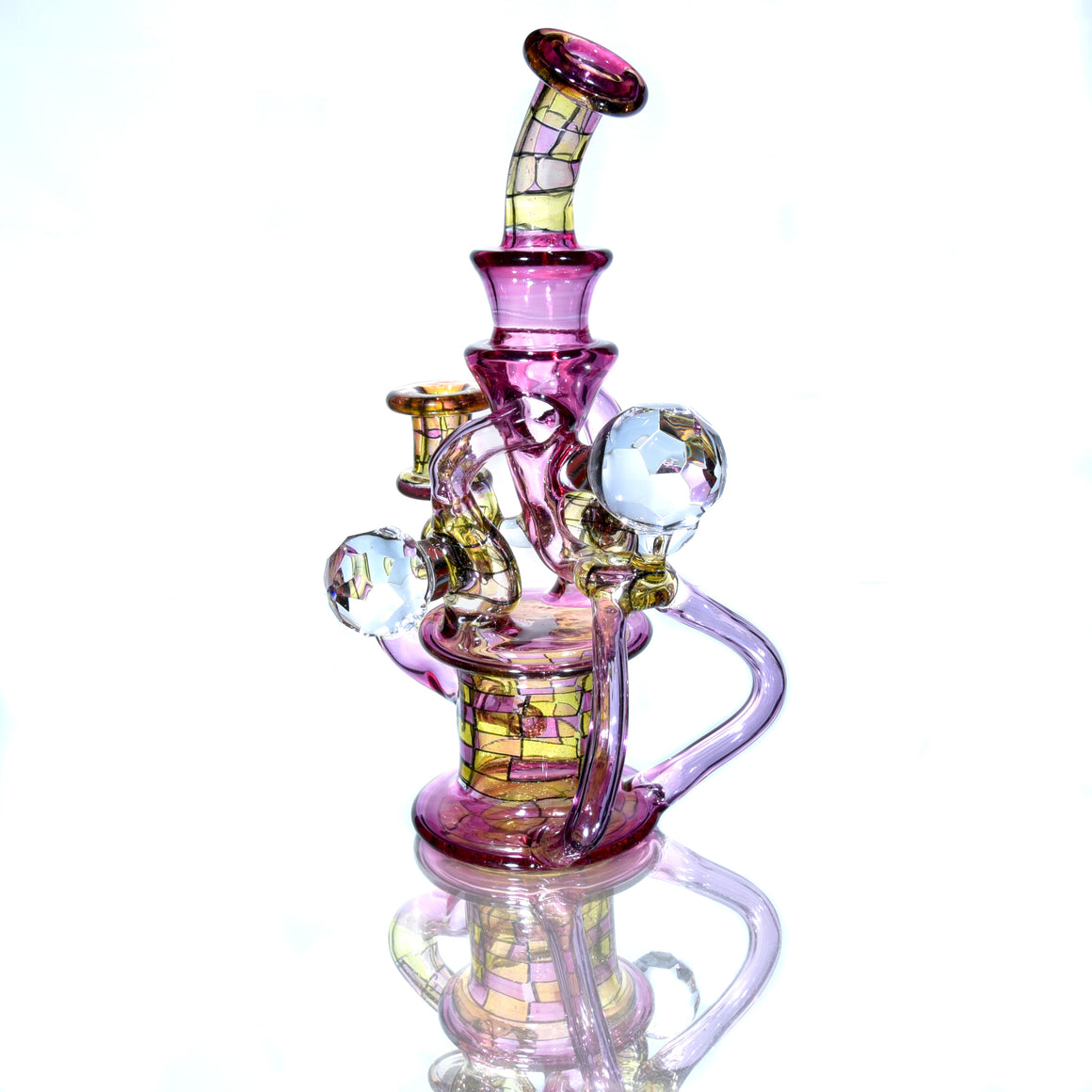 CFL Reactive Double Donut Uptake/Double Drain Recycler - Gold Ruby/Terps/Dichro Chipstack  - 10mm Female
