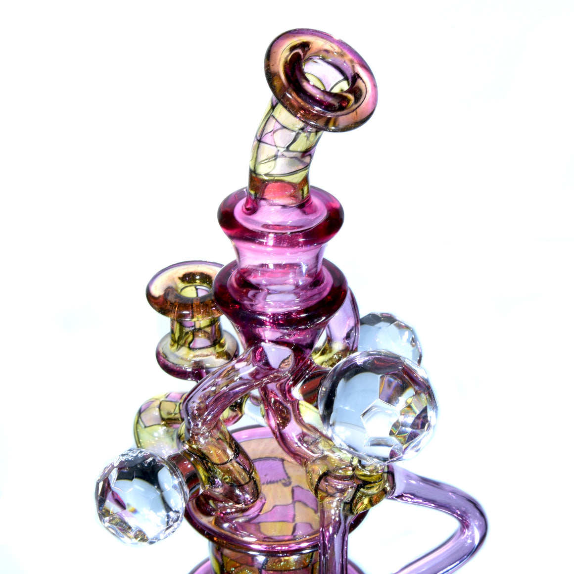 CFL Reactive Double Donut Uptake/Double Drain Recycler - Gold Ruby/Terps/Dichro Chipstack  - 10mm Female