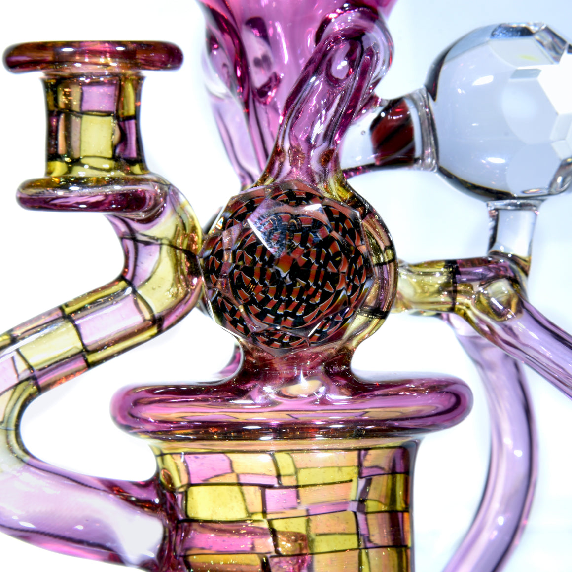 CFL Reactive Double Donut Uptake/Double Drain Recycler - Gold Ruby/Terps/Dichro Chipstack  - 10mm Female