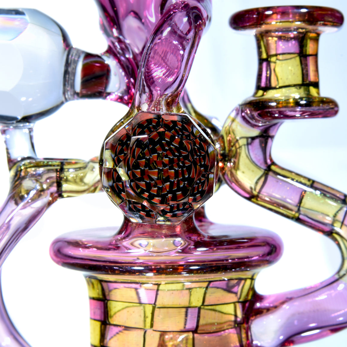 CFL Reactive Double Donut Uptake/Double Drain Recycler - Gold Ruby/Terps/Dichro Chipstack  - 10mm Female