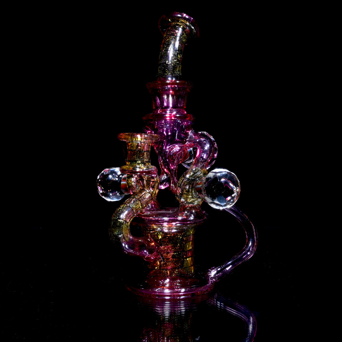 CFL Reactive Double Donut Uptake/Double Drain Recycler - Gold Ruby/Terps/Dichro Chipstack  - 10mm Female