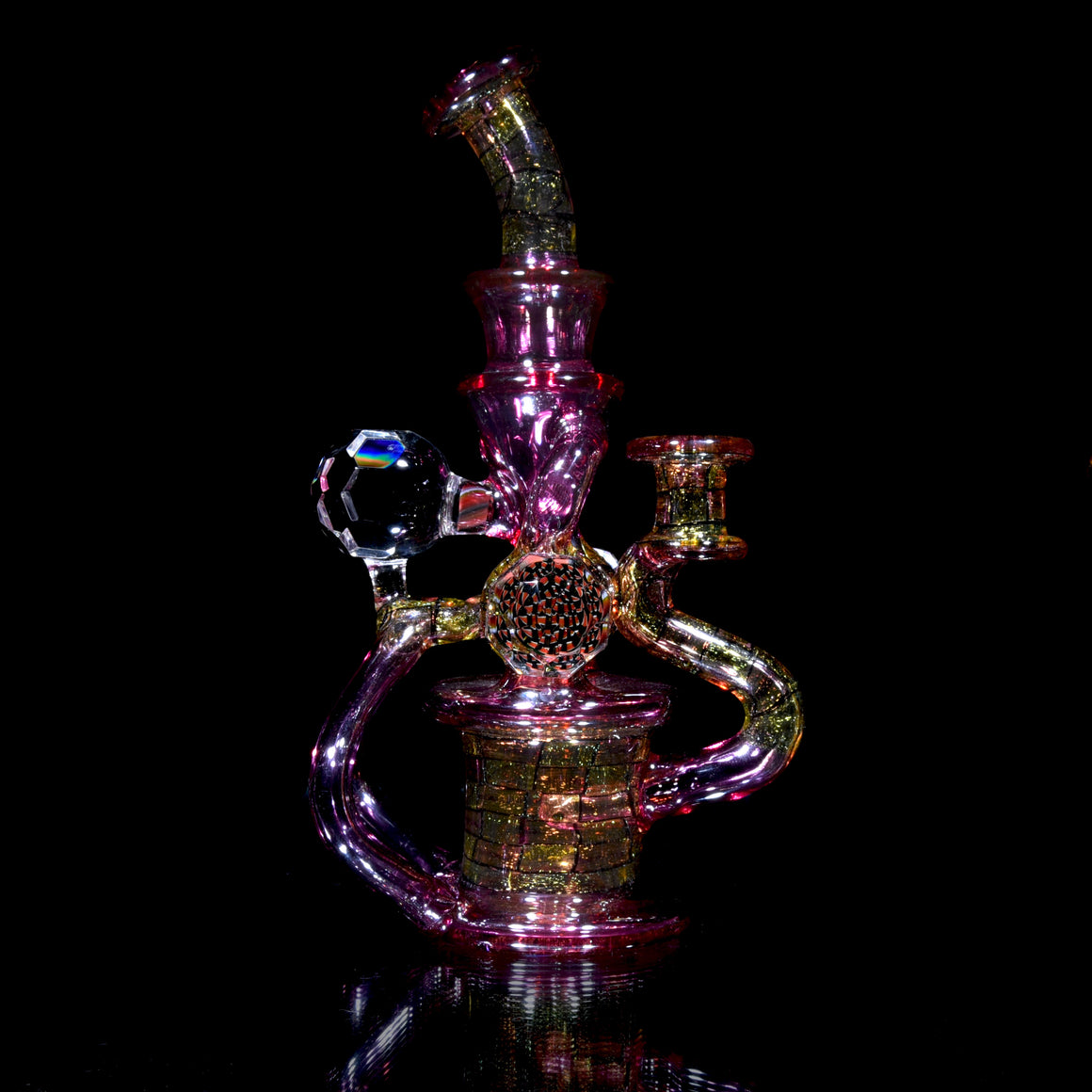 CFL Reactive Double Donut Uptake/Double Drain Recycler - Gold Ruby/Terps/Dichro Chipstack  - 10mm Female