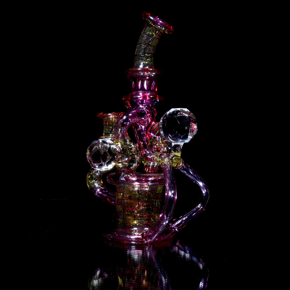 CFL Reactive Double Donut Uptake/Double Drain Recycler - Gold Ruby/Terps/Dichro Chipstack  - 10mm Female