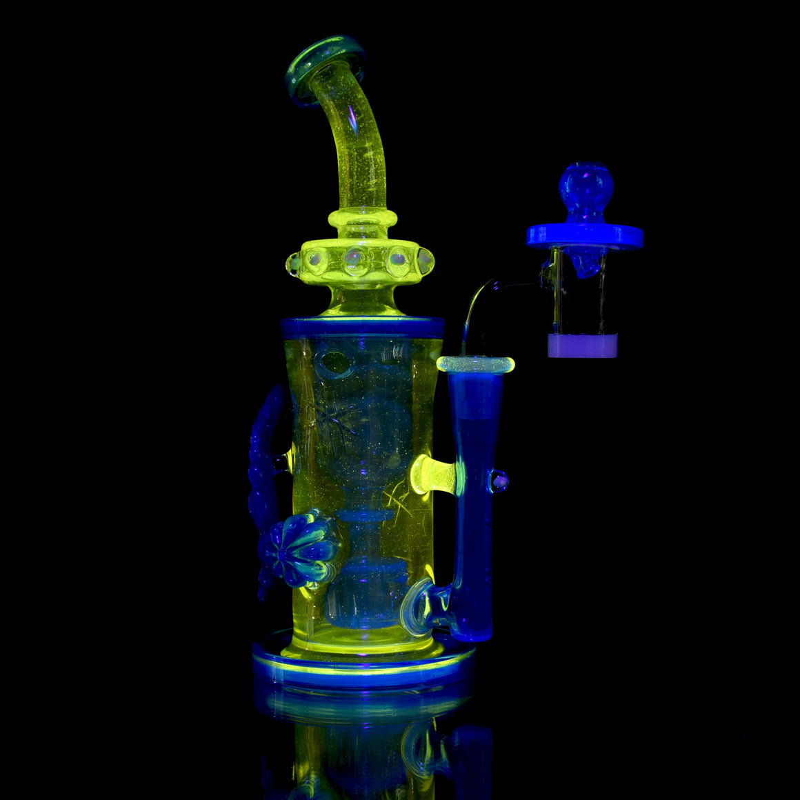 UV Reactive Full-Color Incycler w/ Sculpted Leaf - Nova/Atomic Blue Stardust - 14mm Female