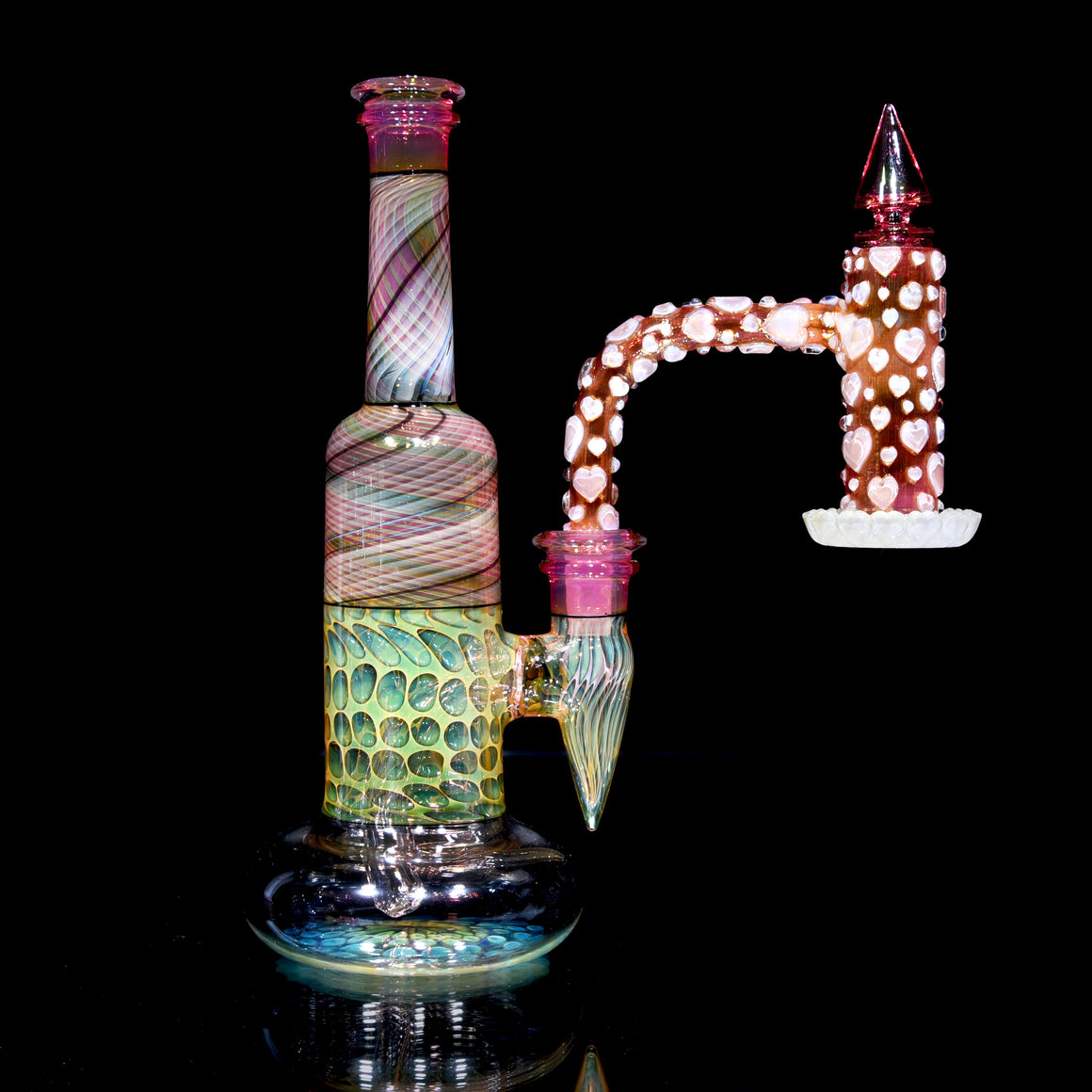 1/1 Carved Hearts Gel Tech Double-layer Fumed Slurpee Set w/ Plug Cap - 10mm Male 90° Joint